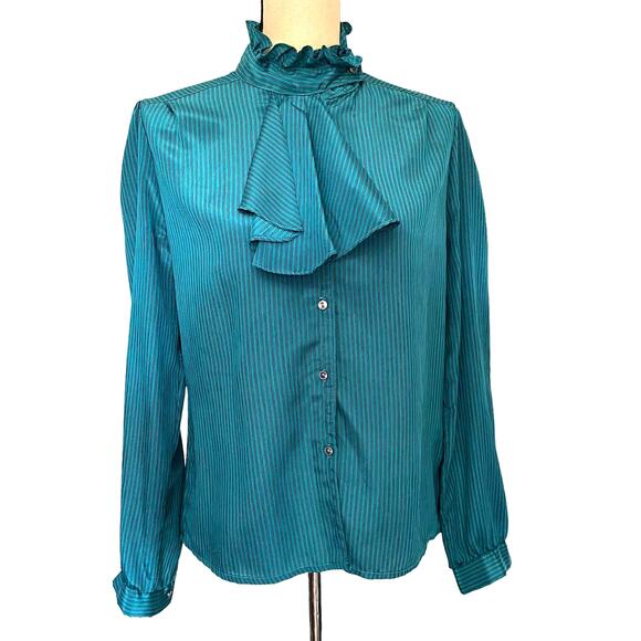 Vtg 80s Jonathan Martin Ruffle Neck Womens Top Sz 11/12 Coquette Secretary Retro - Picture 1 of 13
